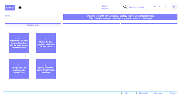 Pages extraites du prototype InSTOReD de version pour navigateur Internet des outils décisionnels : points d’entrée (ou tâches) proposés (haut); spécification du nouveau dépôt institutionnel pour données de recherche (milieu); transposabilité à d’autres pays de la comparaison des exigences et des pratiques (bas)