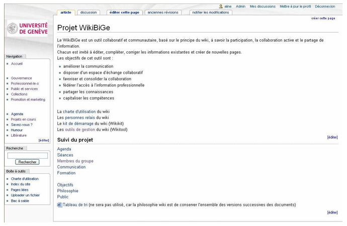 Fig. 1: Exemple d’une page du WikiBiGe: la page du projet WikiBiGe lui-même